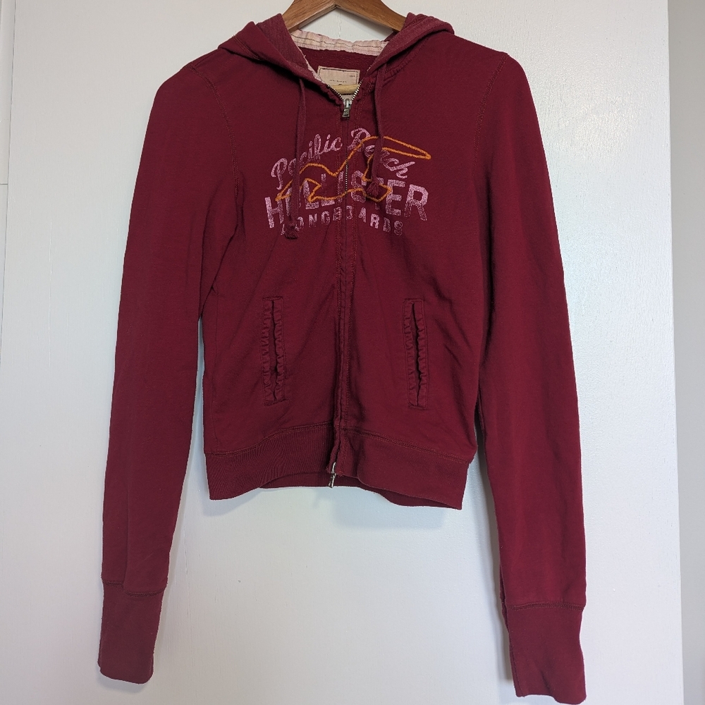 Vintage Y2K Hollister Co. Crimson Zip Up Hoodie With Embroidered Logo